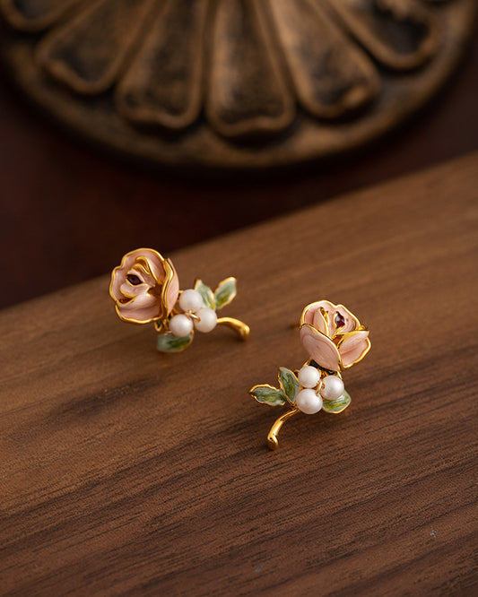 Oil Painting Pearl Flower Earrings