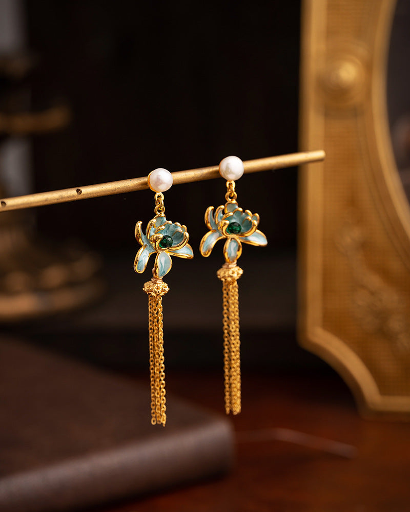 Pearl Enamel Lotus Tassel Pendant Earrings