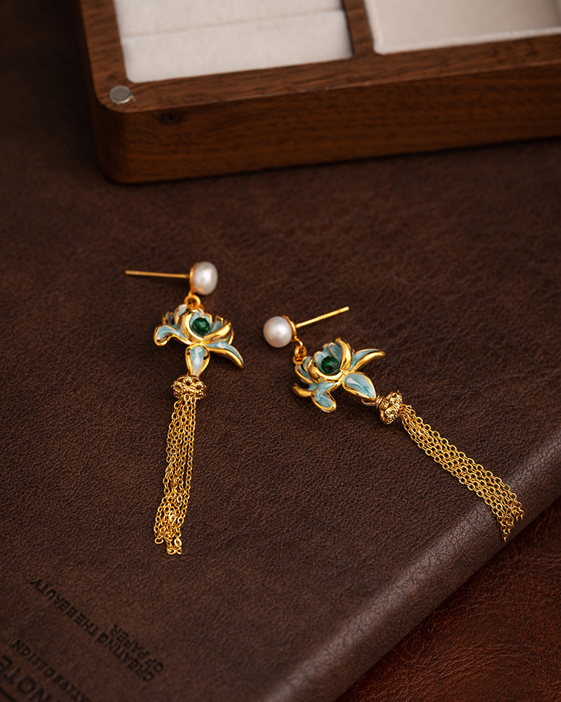 Pearl Enamel Lotus Tassel Pendant Earrings