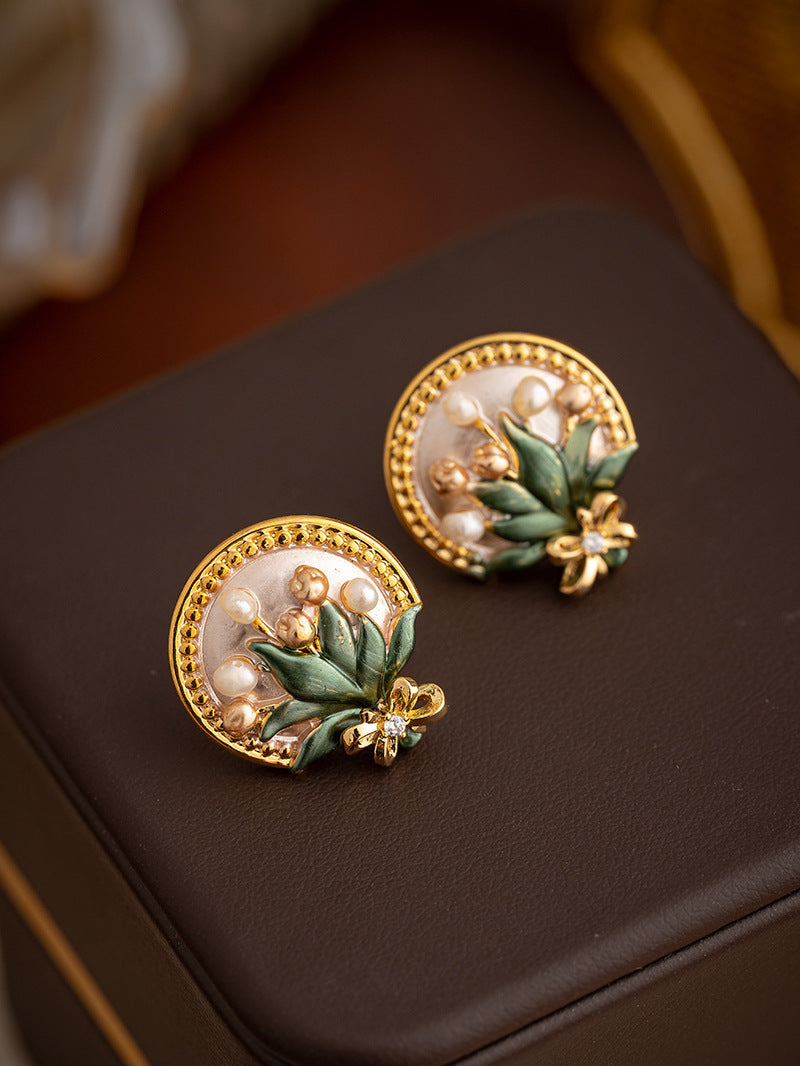 Oil Painting Style Baroque Pearl Flower Earrings
