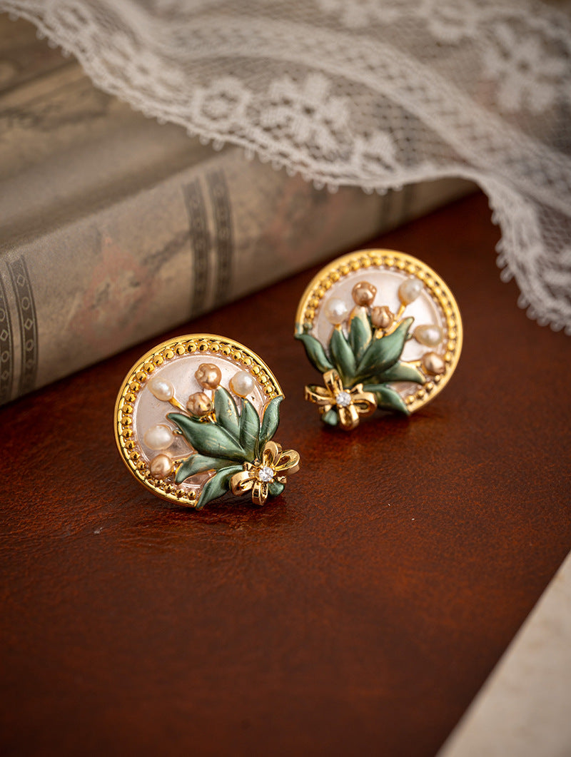 Oil Painting Style Baroque Pearl Flower Earrings