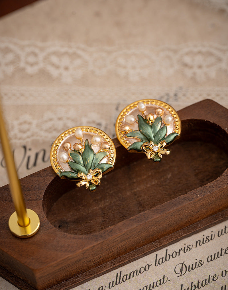 Oil Painting Style Baroque Pearl Flower Earrings