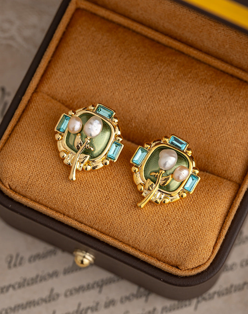 Oil Painting Style Pearl Flower Earrings