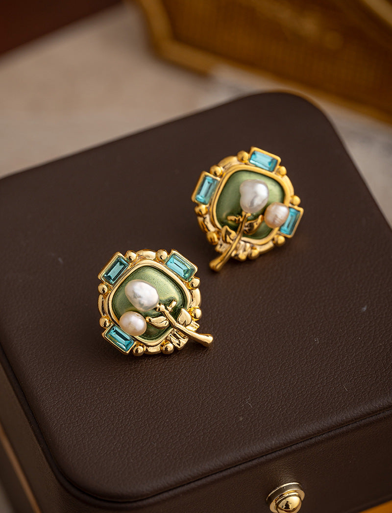 Oil Painting Style Pearl Flower Earrings