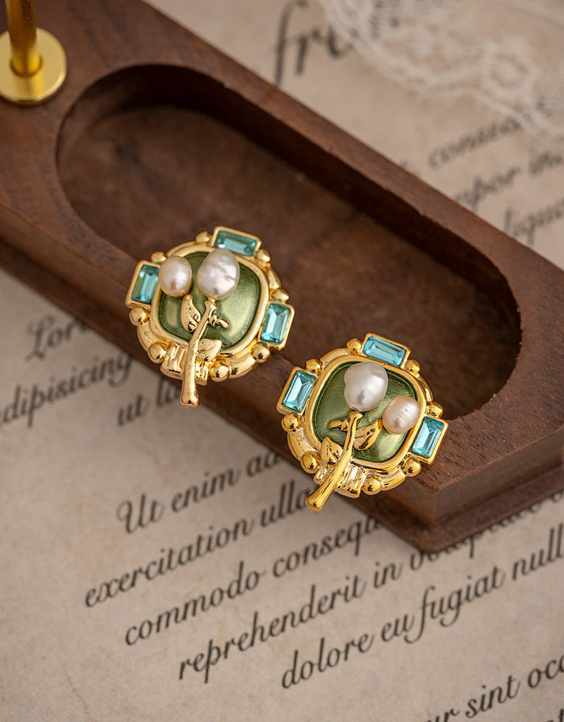 Oil Painting Style Pearl Flower Earrings