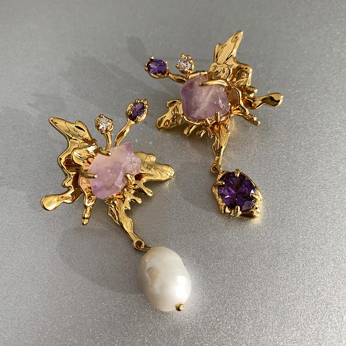 Butterfly-Shaped Natural Pearl and Gemstone Earrings