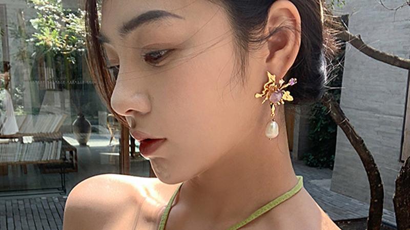 Butterfly-Shaped Natural Pearl and Gemstone Earrings