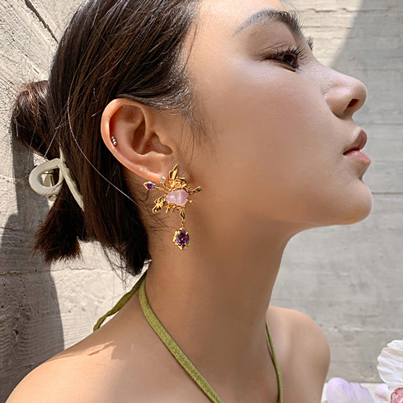 Butterfly-Shaped Natural Pearl and Gemstone Earrings