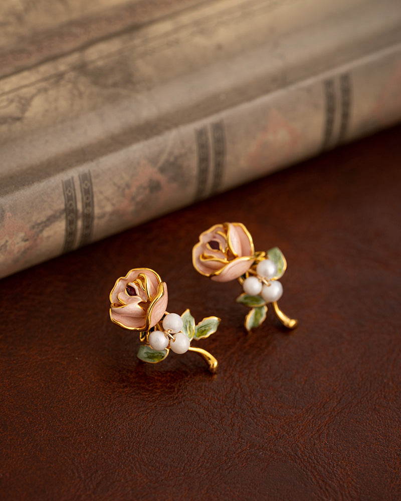 Oil Painting Pearl Flower Earrings