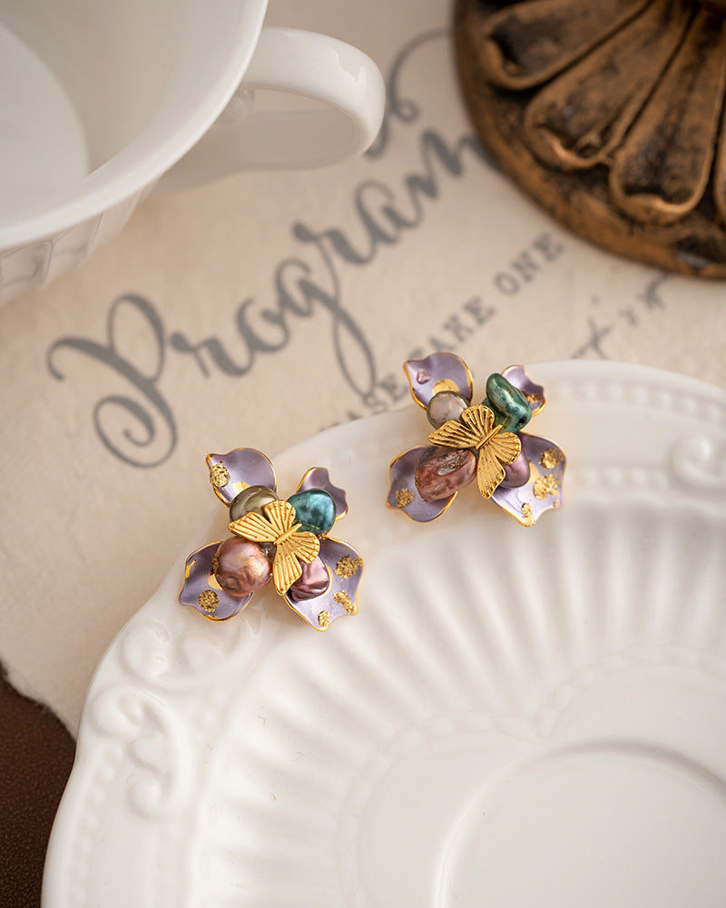 Butterfly and Flower Natural Pearl Earrings