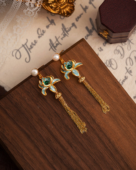 Pearl Enamel Lotus Tassel Pendant Earrings