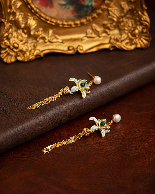 Pearl Enamel Lotus Tassel Pendant Earrings