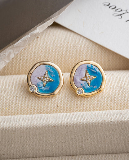 Round Enamel Drip Glaze Star Earrings