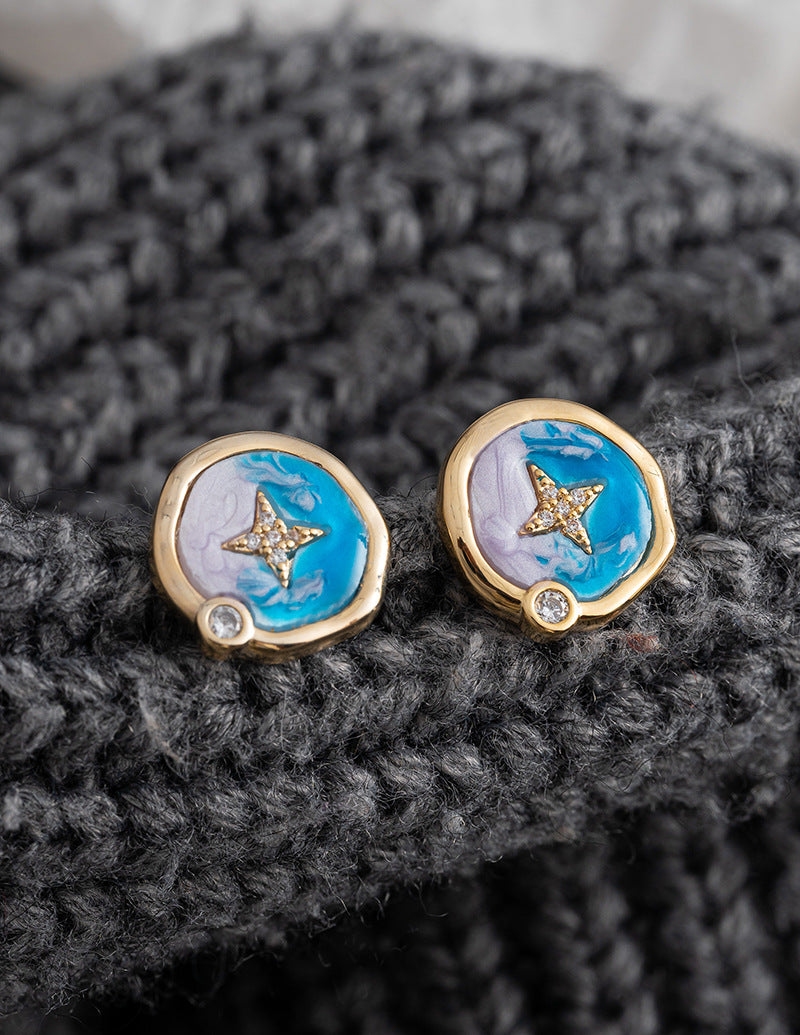 Round Enamel Drip Glaze Star Earrings