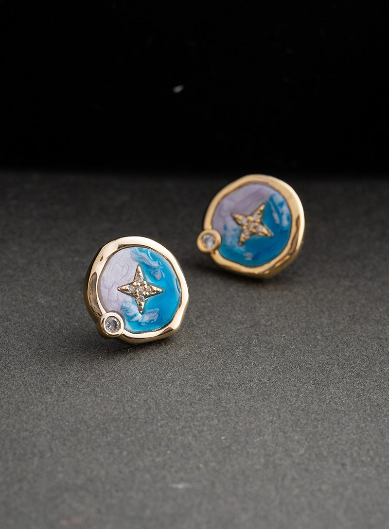 Round Enamel Drip Glaze Star Earrings