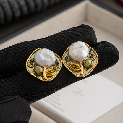 Oil Painting Style Vintage Pearl Stud Earrings