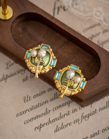 Oil Painting Style Pearl Flower Earrings