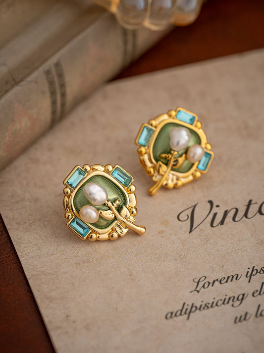Oil Painting Style Pearl Flower Earrings