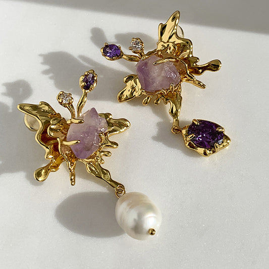 Butterfly-Shaped Natural Pearl and Gemstone Earrings